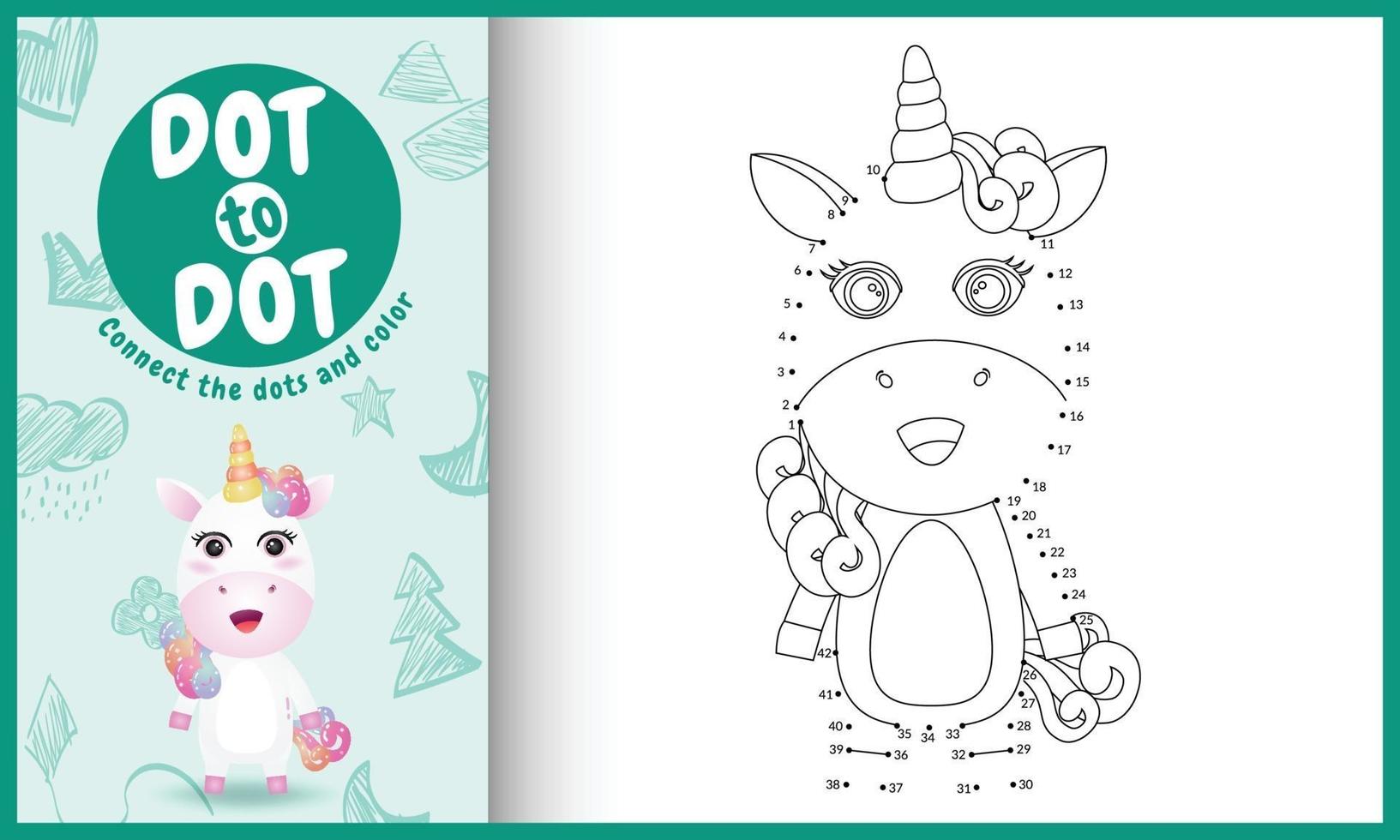 Connect the dots kids game and coloring page with a cute unicorn character illustration vector