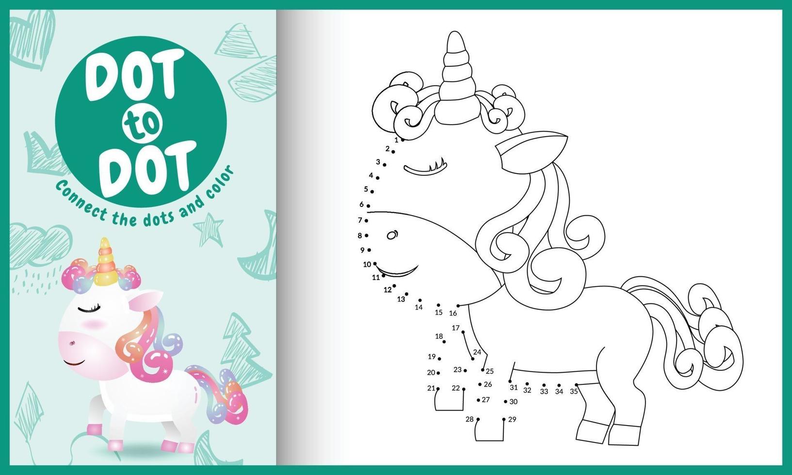 Connect the dots kids game and coloring page with a cute unicorn character illustration vector