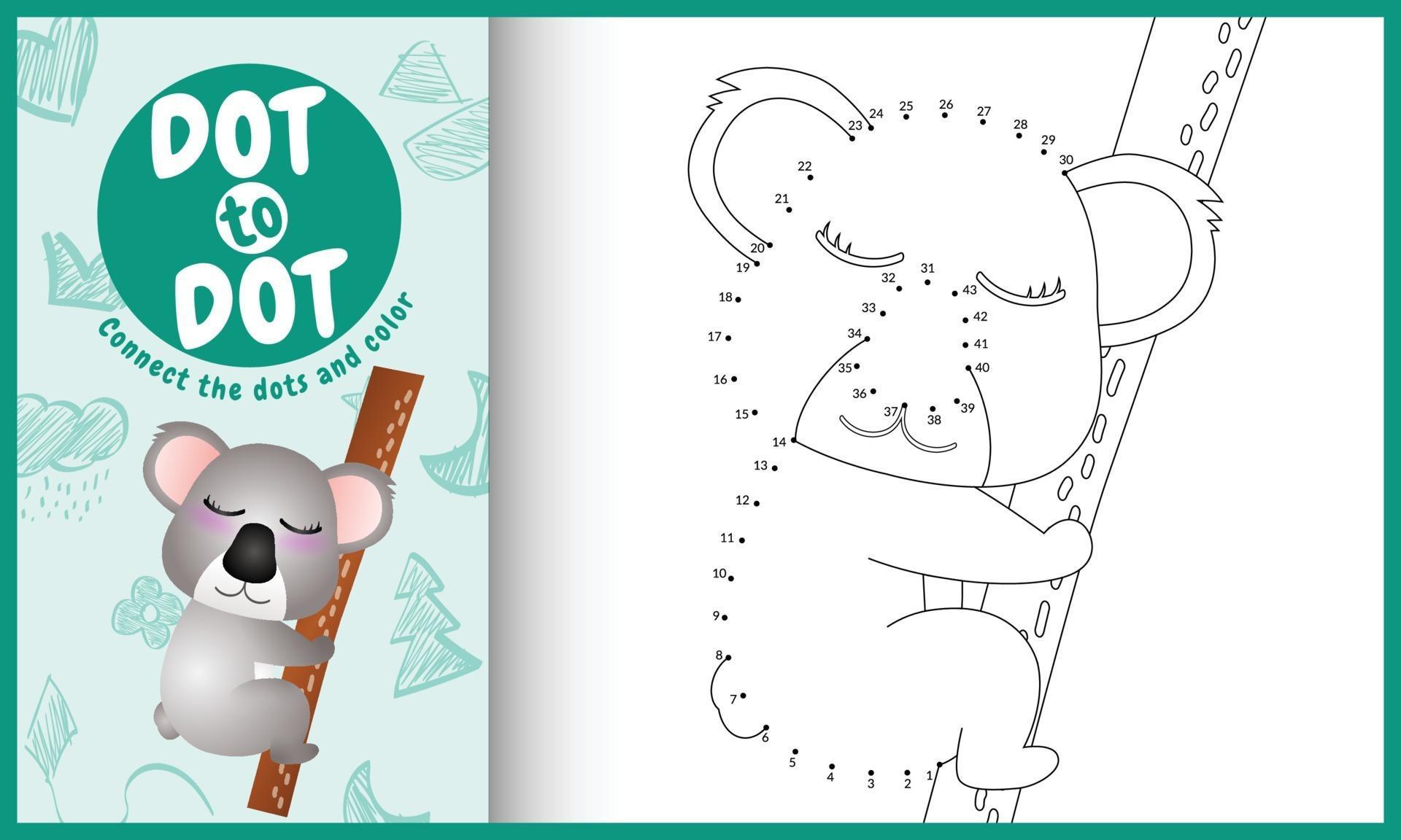 Connect the dots kids game and coloring page with a cute koala