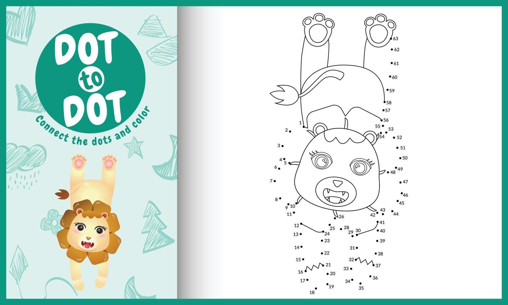 Connect the dots kids game and coloring page with a cute lion character illustration vector