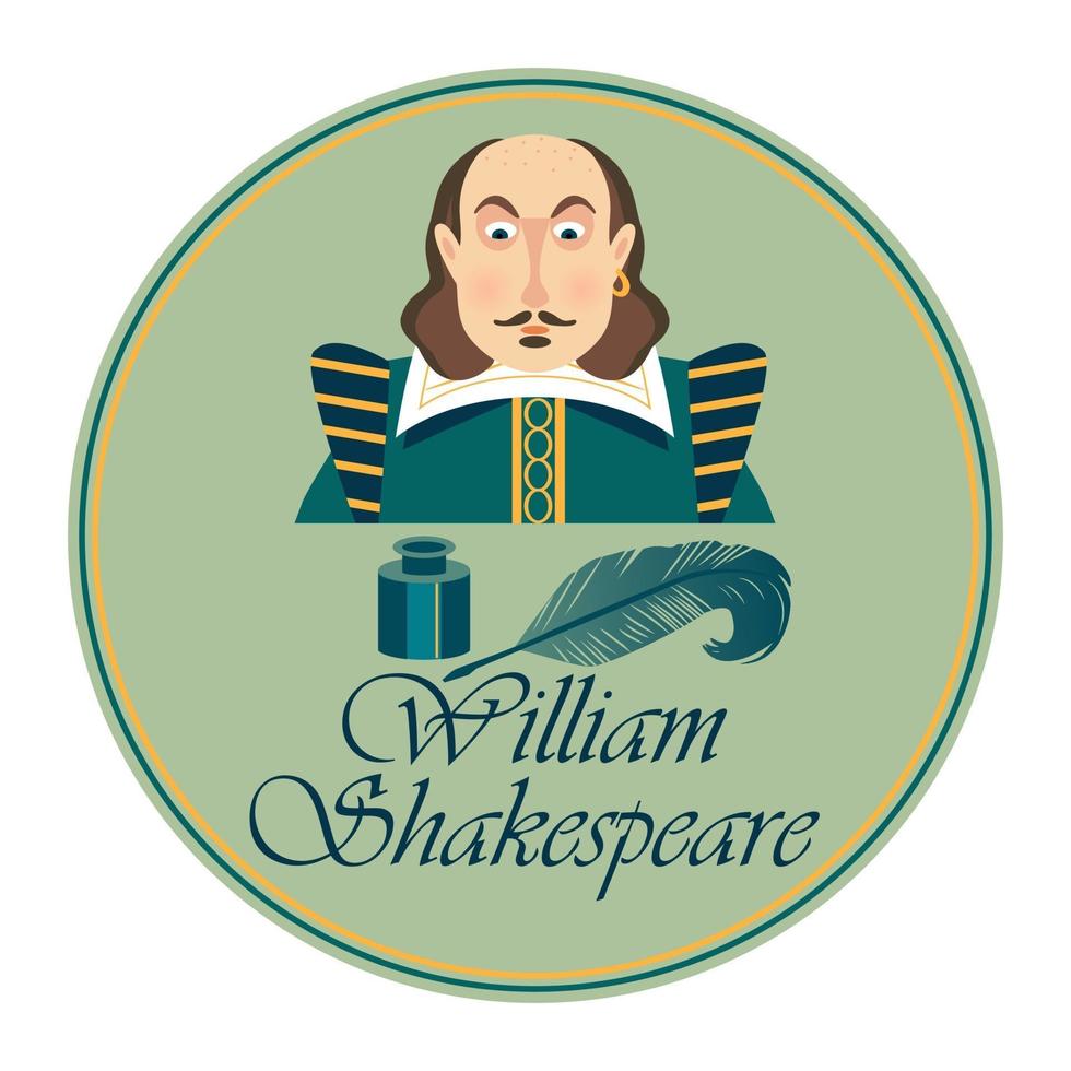 Card portrait of William Shakepeare with inkwell and feather pen. Vector illustration.