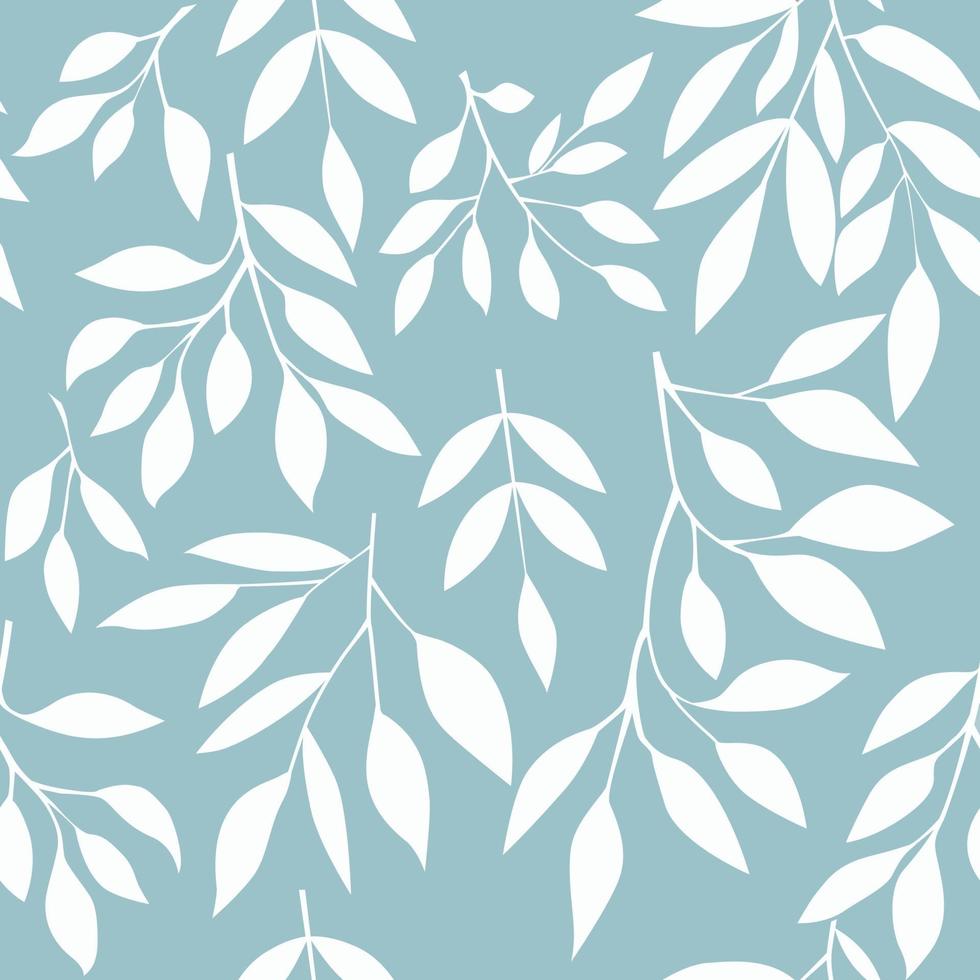 Seamless pattern with white leaves on blue background. Vector illustration.