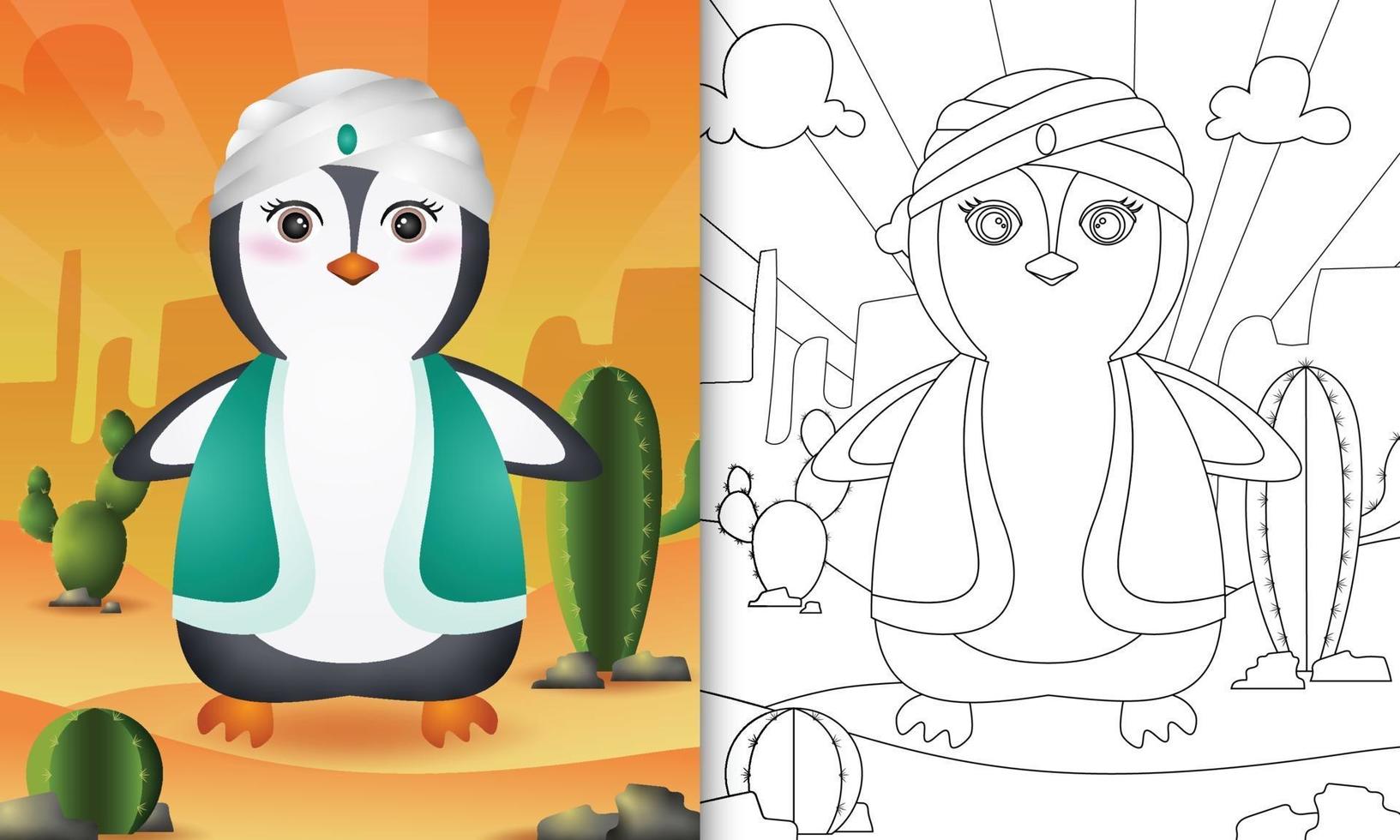 libro para colorear para niños con temática de ramadán con un lindo pingüino con traje tradicional árabe vector