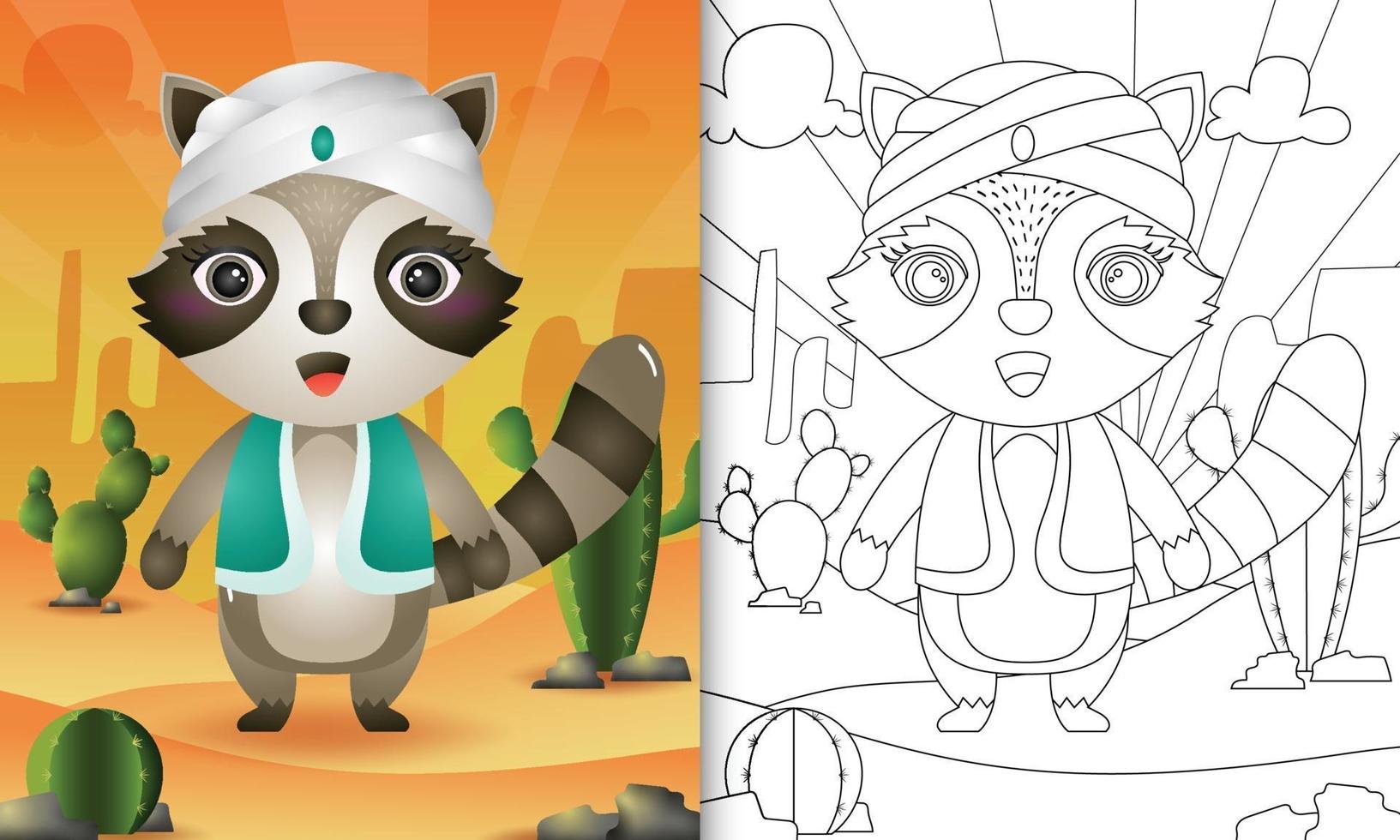 coloring book for kids themed ramadan with a cute raccoon using arabic traditional costume vector