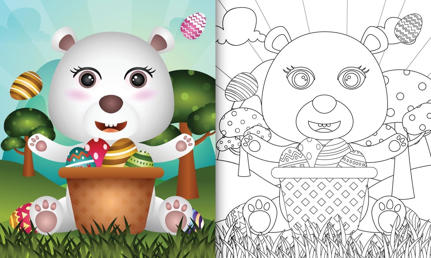 Libro para colorear para niños con temática feliz día de pascua con ilustración de personaje de un lindo oso polar en el cubo de huevo vector