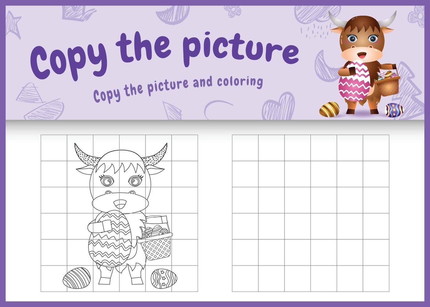 copy the picture kids game and coloring page themed easter with a cute buffalo holding the bucket egg and easter egg vector