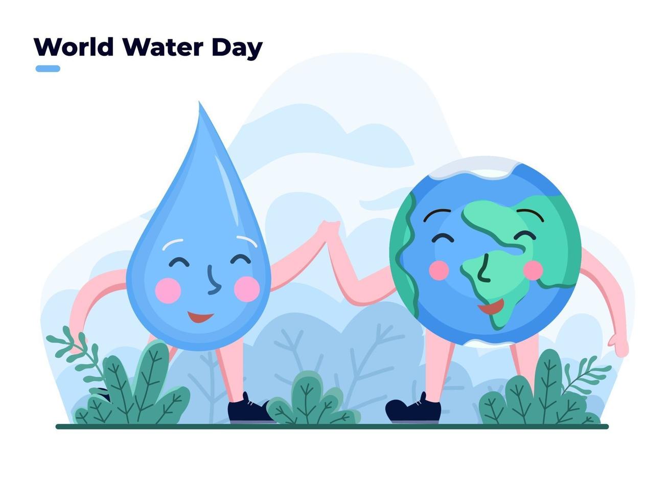 Celebre la ilustración plana del día mundial del agua con un lindo personaje de dibujos animados de gota de agua y tierra. feliz dia del agua. se puede utilizar para pancartas, carteles, tarjetas de felicitación, postales, sitios web, animaciones, volantes. vector