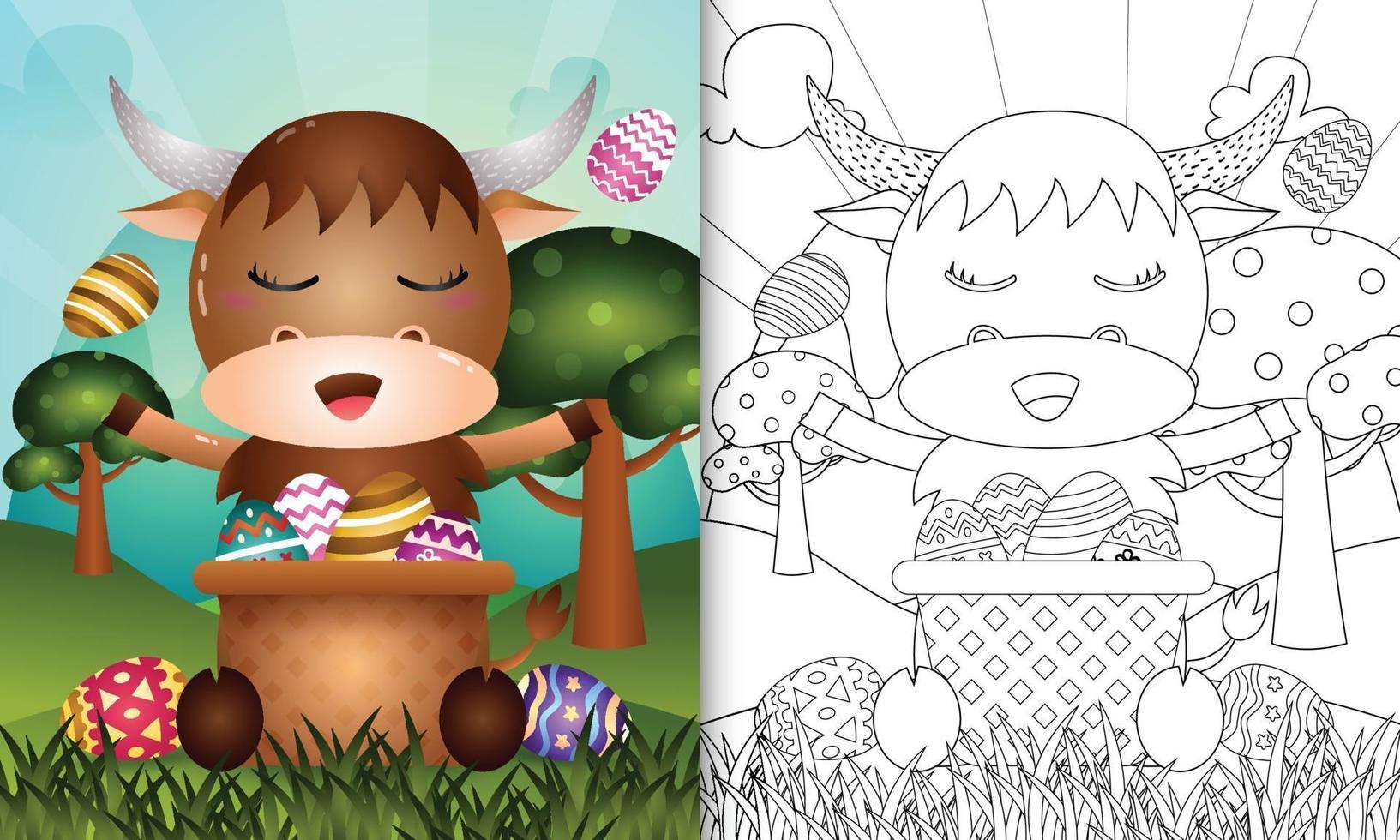 Libro para colorear para niños con temática feliz día de pascua con ilustración de personaje de un lindo búfalo en el huevo de cubo vector