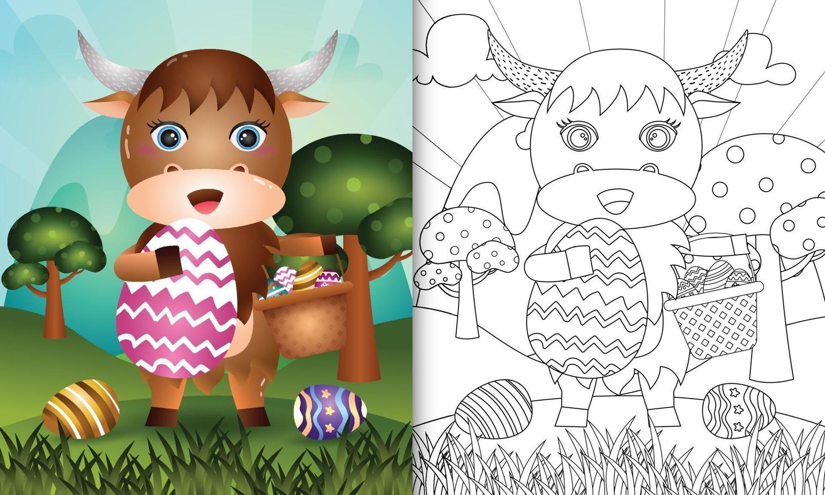 Libro para colorear para niños con temática feliz día de pascua con ilustración de personaje de un lindo búfalo sosteniendo el huevo de cubo y el huevo de pascua vector