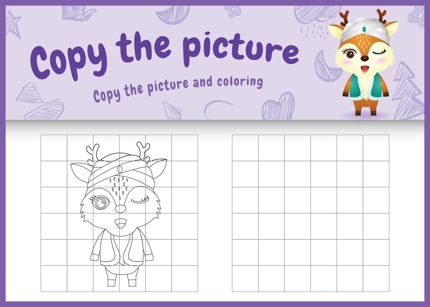 copy the picture kids game and coloring page themed ramadan with a cute deer using arabic traditional costume vector