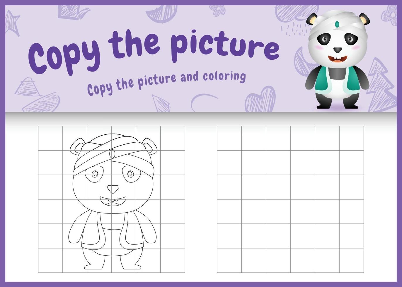 Copie la imagen del juego para niños y coloree la página temática de Ramadán con un lindo panda usando un traje tradicional árabe vector