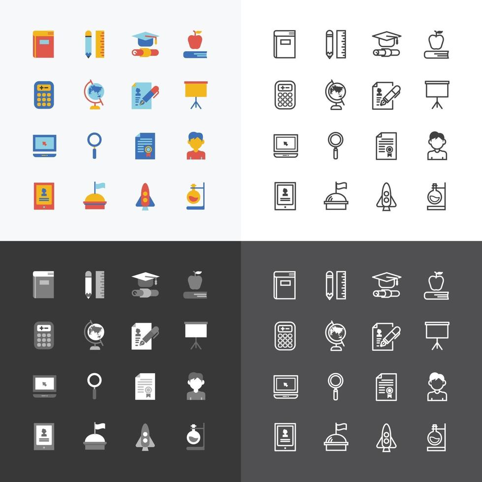 Vector flat icons set of education school tools outline concept.