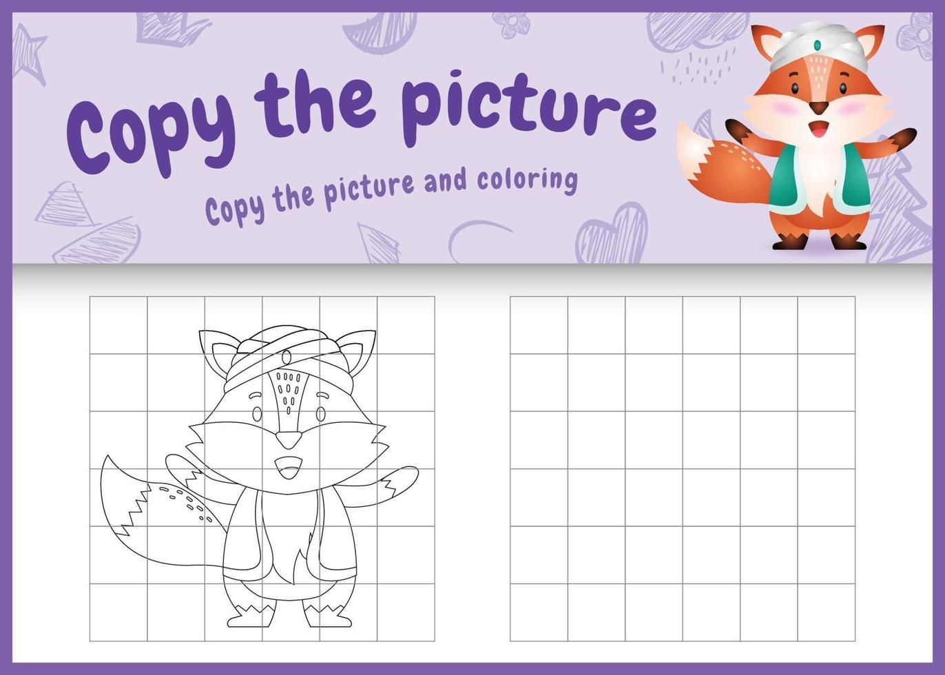 copy the picture kids game and coloring page themed ramadan with a cute fox using arabic traditional costume vector