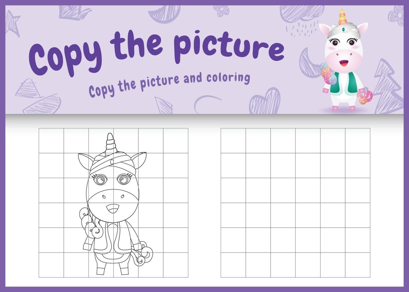 copy the picture kids game and coloring page themed ramadan with a cute unicorn using arabic traditional costume vector