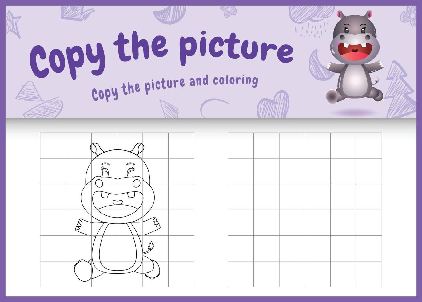 Copie la imagen del juego para niños y la página para colorear con una linda ilustración de personaje de hipopótamo vector
