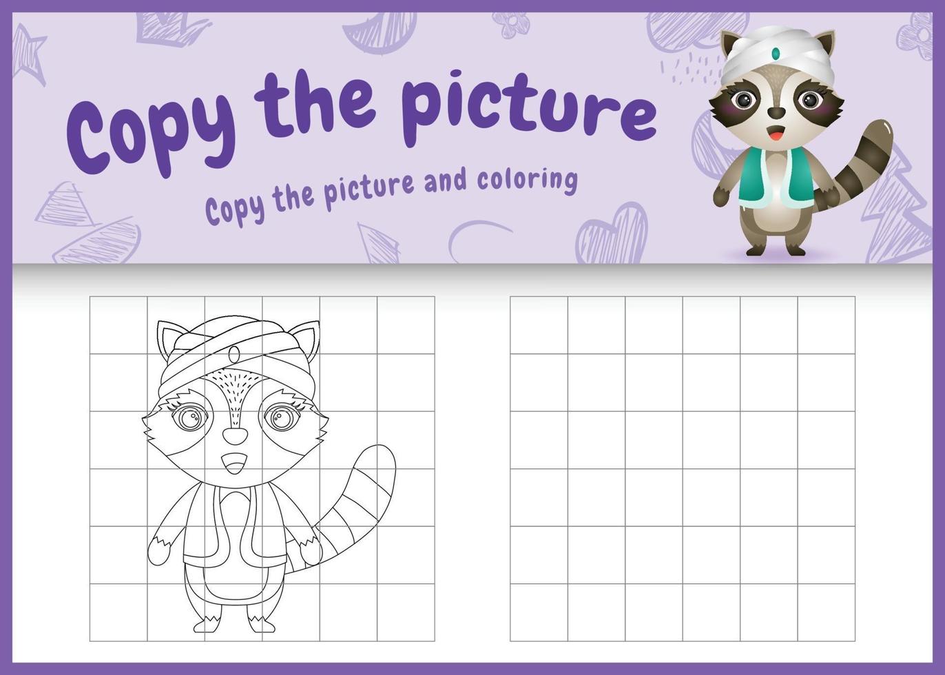 copy the picture kids game and coloring page themed ramadan with a cute raccoon using arabic traditional costume vector