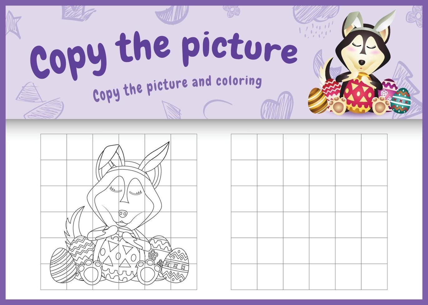 copy the picture kids game and coloring page themed easter with a cute husky dog using bunny ears headbands hugging eggs vector