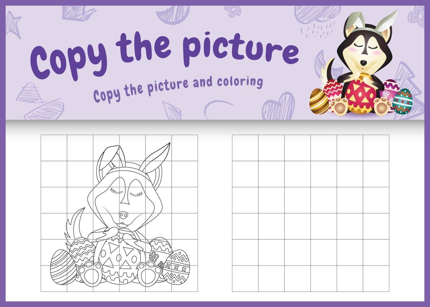 copy the picture kids game and coloring page themed easter with a cute husky dog using bunny ears headbands hugging eggs vector