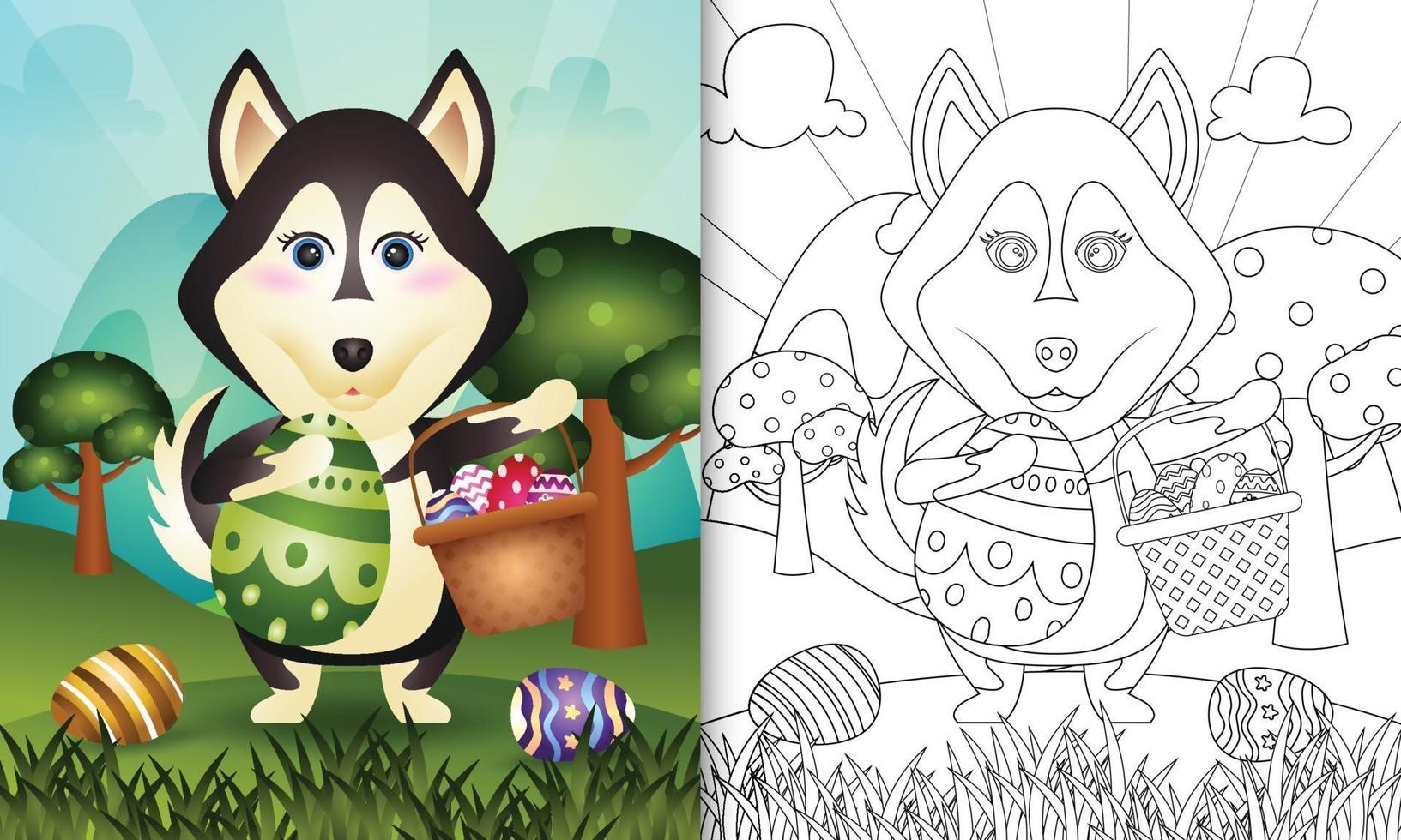 Libro para colorear para niños con temática feliz día de pascua con ilustración de personaje de un lindo perro husky sosteniendo el huevo de cubo y el huevo de pascua vector