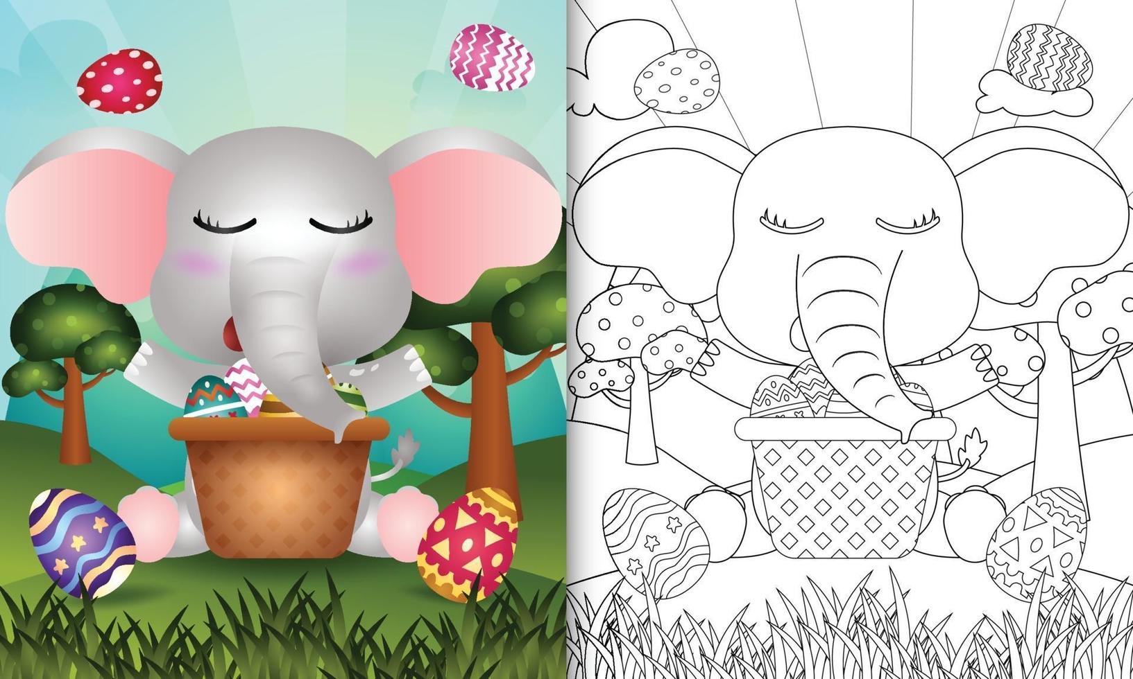 Libro para colorear para niños con temática feliz día de pascua con ilustración de personaje de un lindo elefante en el cubo de huevo vector