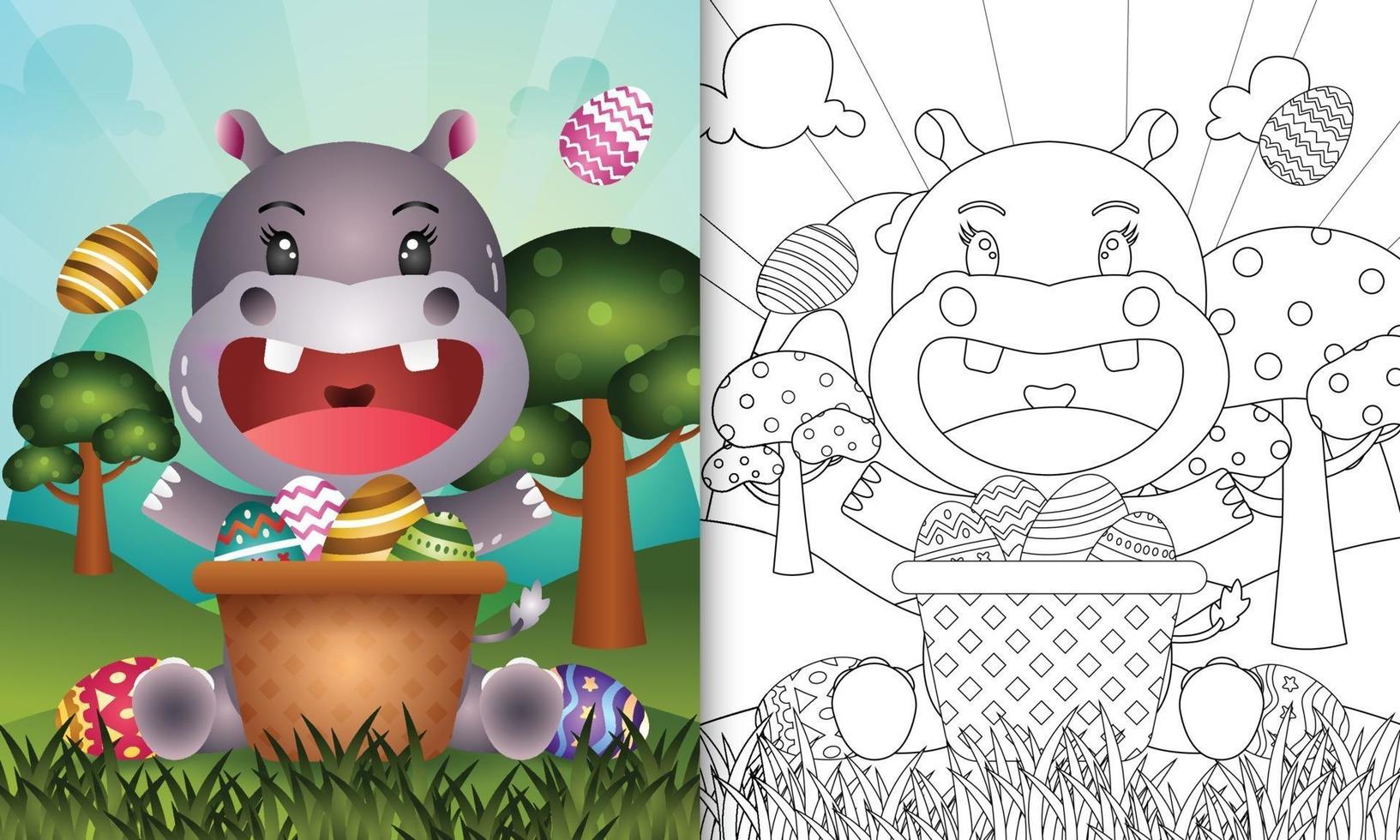 Libro para colorear para niños con temática feliz día de pascua con ilustración de personaje de un lindo hipopótamo en el huevo de cubo vector