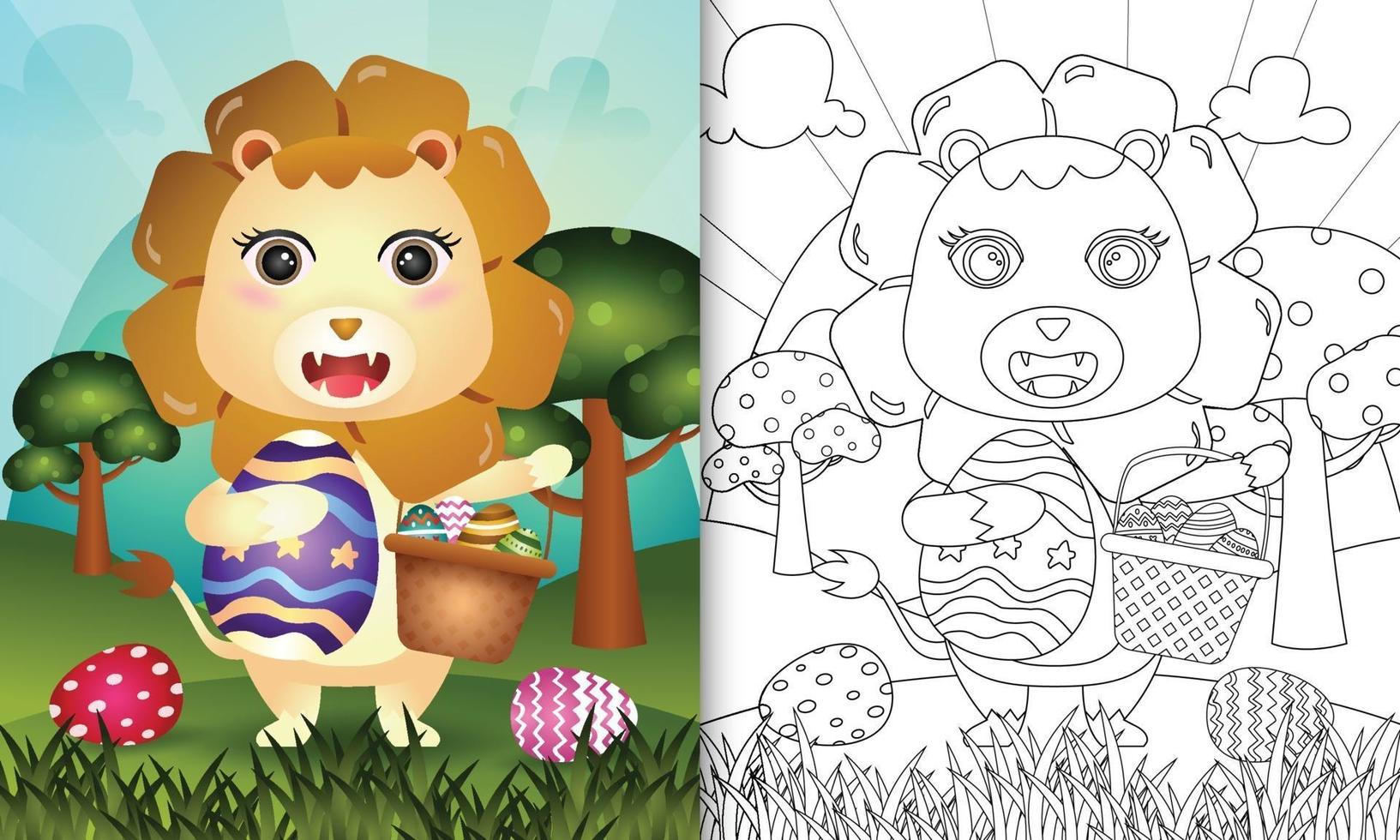 Libro para colorear para niños con temática feliz día de pascua con ilustración de personaje de un lindo león sosteniendo el huevo de cubo y el huevo de pascua vector