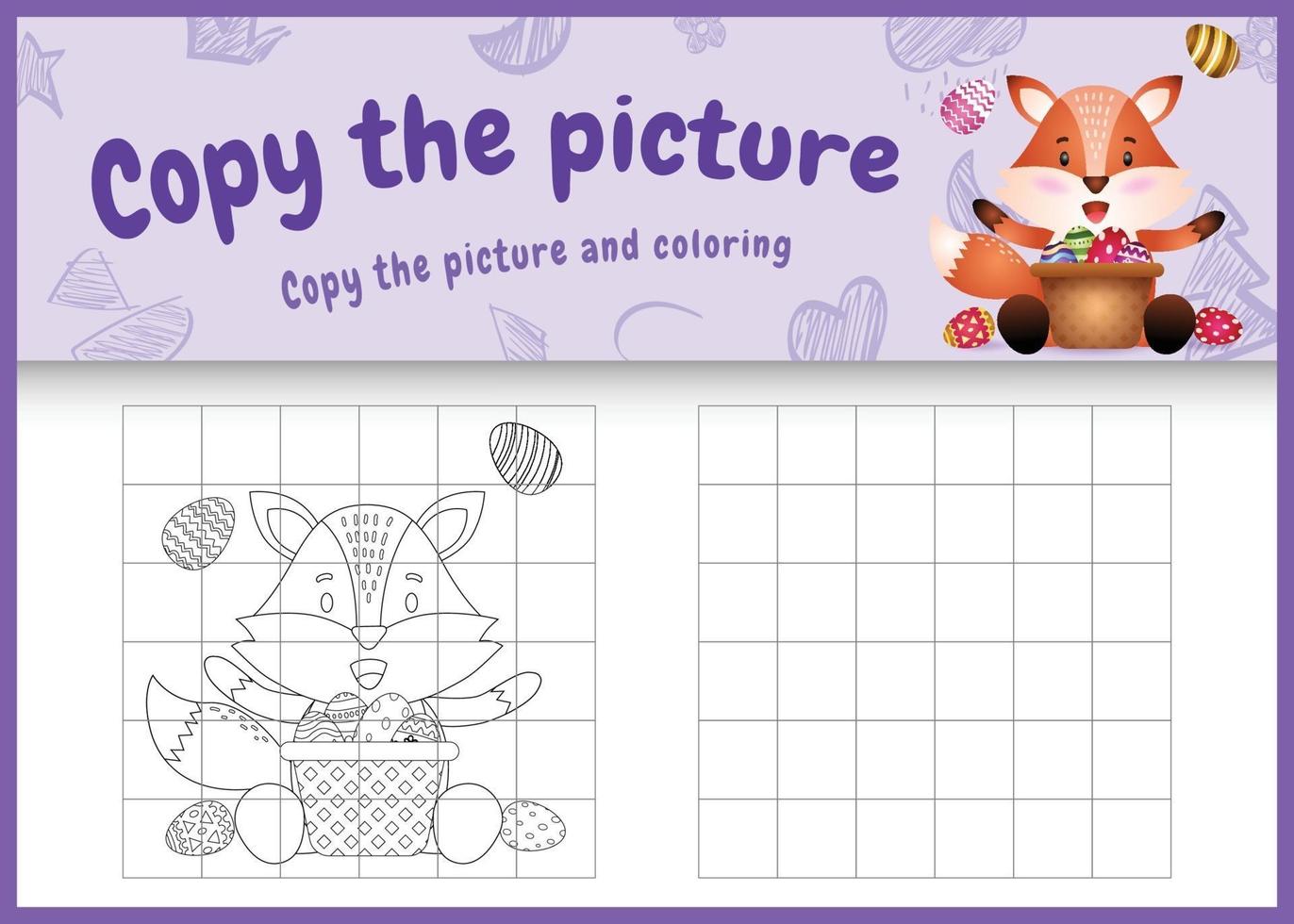 Copie la imagen del juego para niños y coloree la página temática de Pascua con un lindo zorro y un huevo de cubo vector