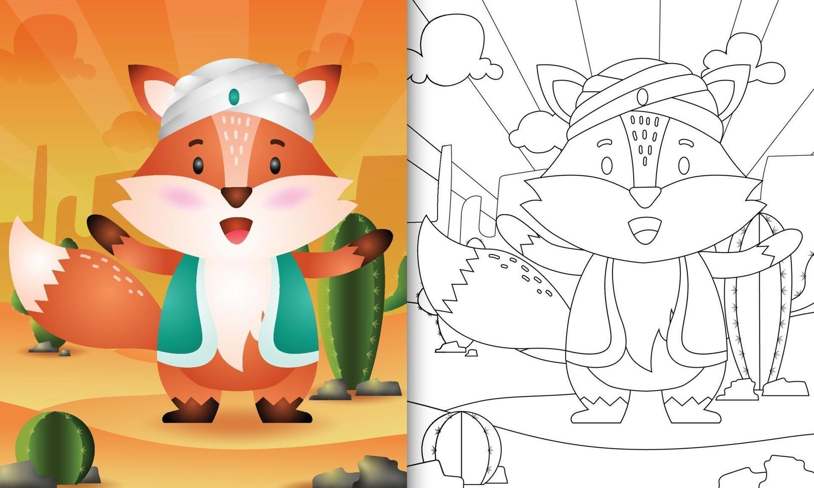 coloring book for kids themed ramadan with a cute fox using arabic traditional costume vector