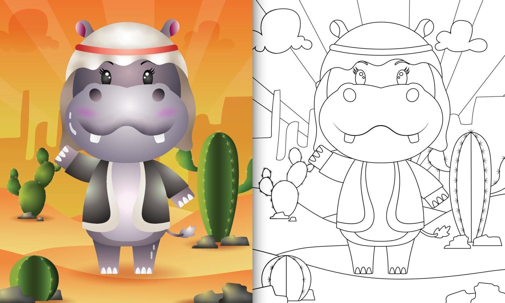 coloring book for kids themed ramadan with a cute hippo using arabic traditional costume vector