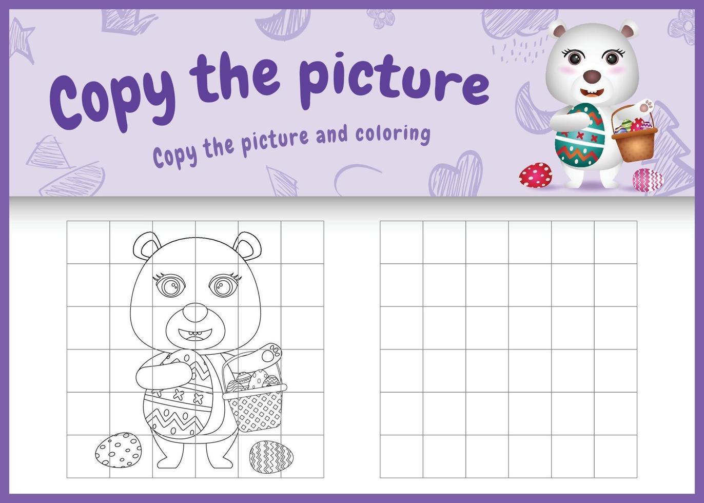 copy the picture kids game and coloring page themed easter with a cute polar bear holding the bucket egg and easter egg vector