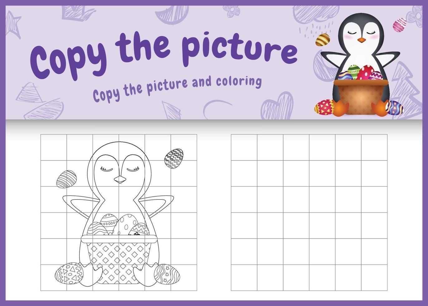 copy the picture kids game and coloring page themed easter with  a cute penguin and bucket egg vector