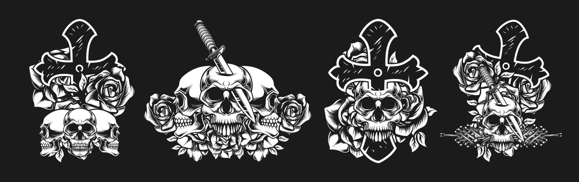 fusion concept of skull, cross, flower, knife vector