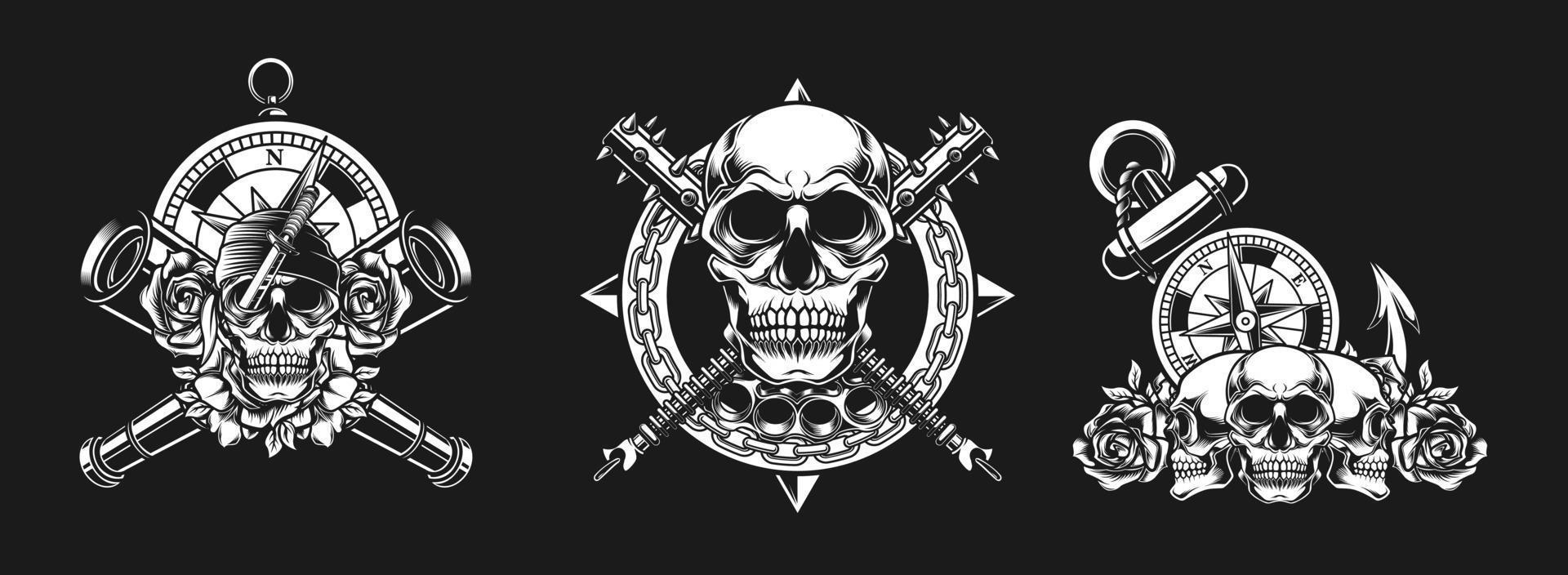 Authentic skull, compass, binoculars concept vector