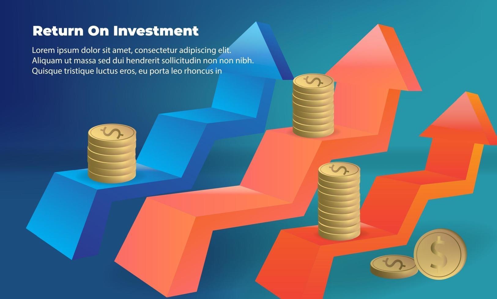 concepto de dirección de destino de flecha de negocio para el éxito. retorno de la inversión roi. aplicable para promoción, póster de portada, infografía, página de destino, ui, ux, persecución, baner, redes sociales publicadas vector