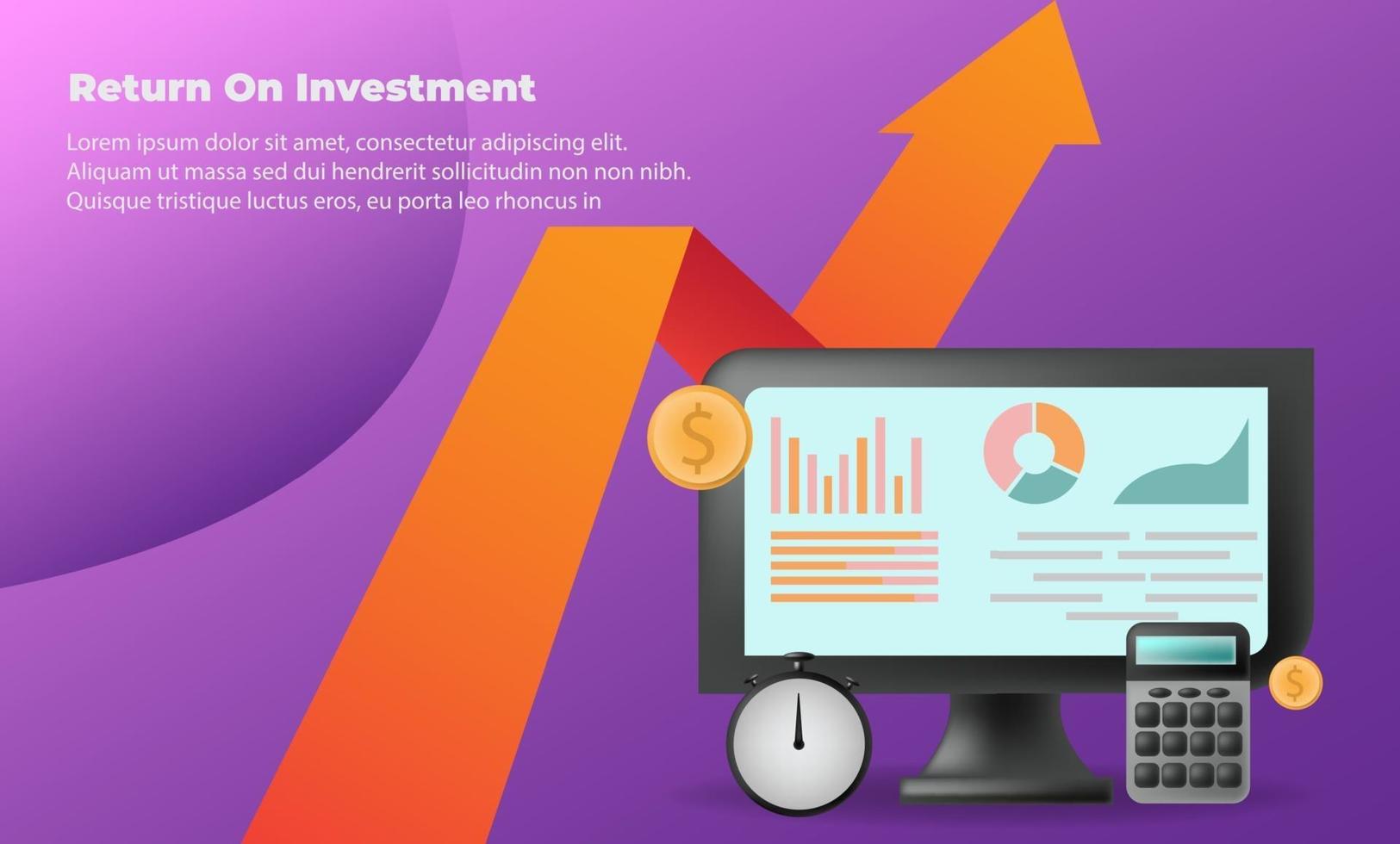 concepto de dirección de destino de flecha de negocio para el éxito. retorno de la inversión roi. aplicable para promoción, póster de portada, infografía, página de destino, ui, ux, persecución, baner, redes sociales publicadas vector