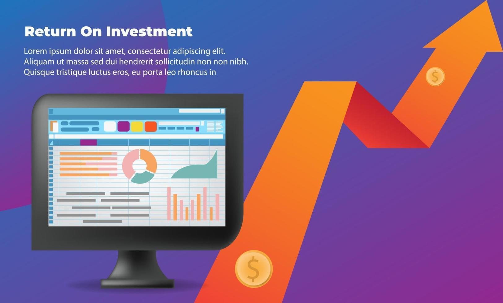 concepto de dirección de destino de flecha de negocio para el éxito. retorno de la inversión roi. aplicable para promoción, póster de portada, infografía, página de destino, ui, ux, persecución, baner, redes sociales publicadas vector