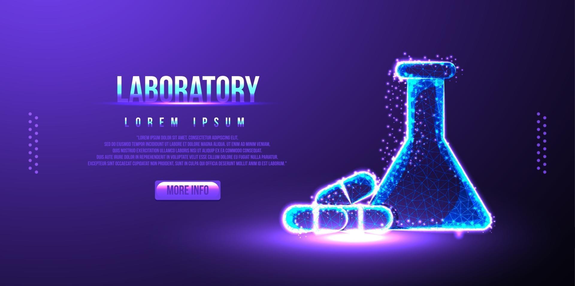test tube, flask and medicine, pill capsule. low poly wireframe design