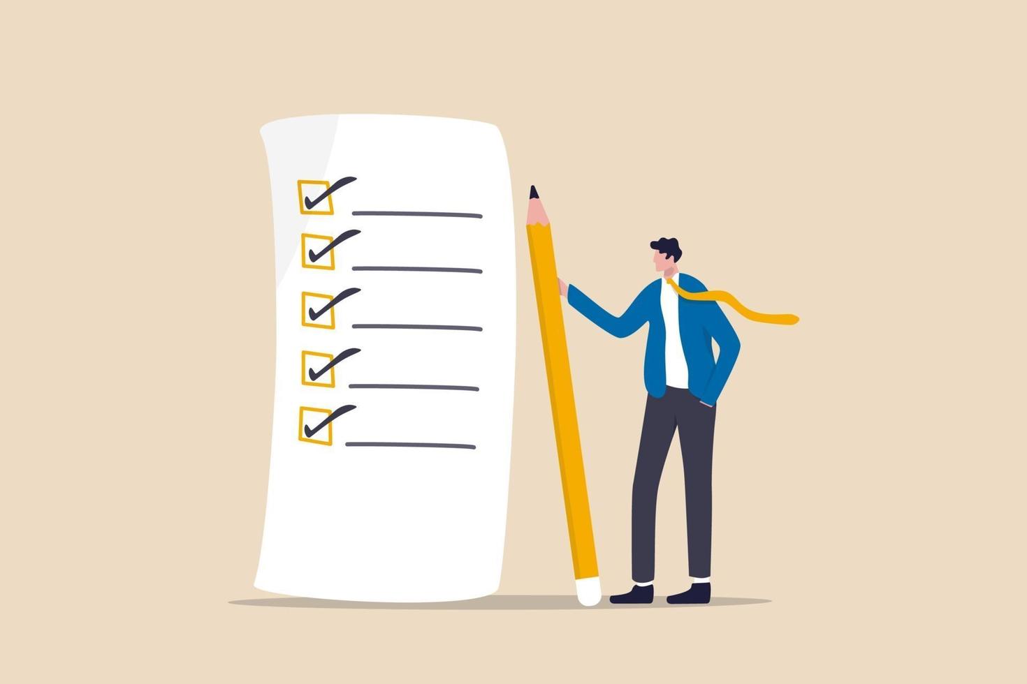 businessman standing with pencil after completed all tasks on the checklist vector