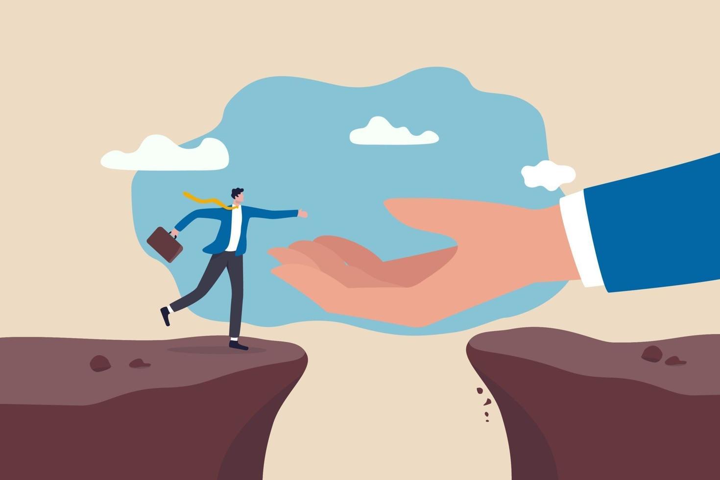 Big hand reaching to help a businessman jumping over the cliffs vector