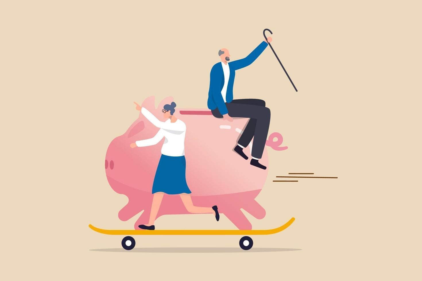 happy elderly couple riding a huge piggy bank on a skateboard vector