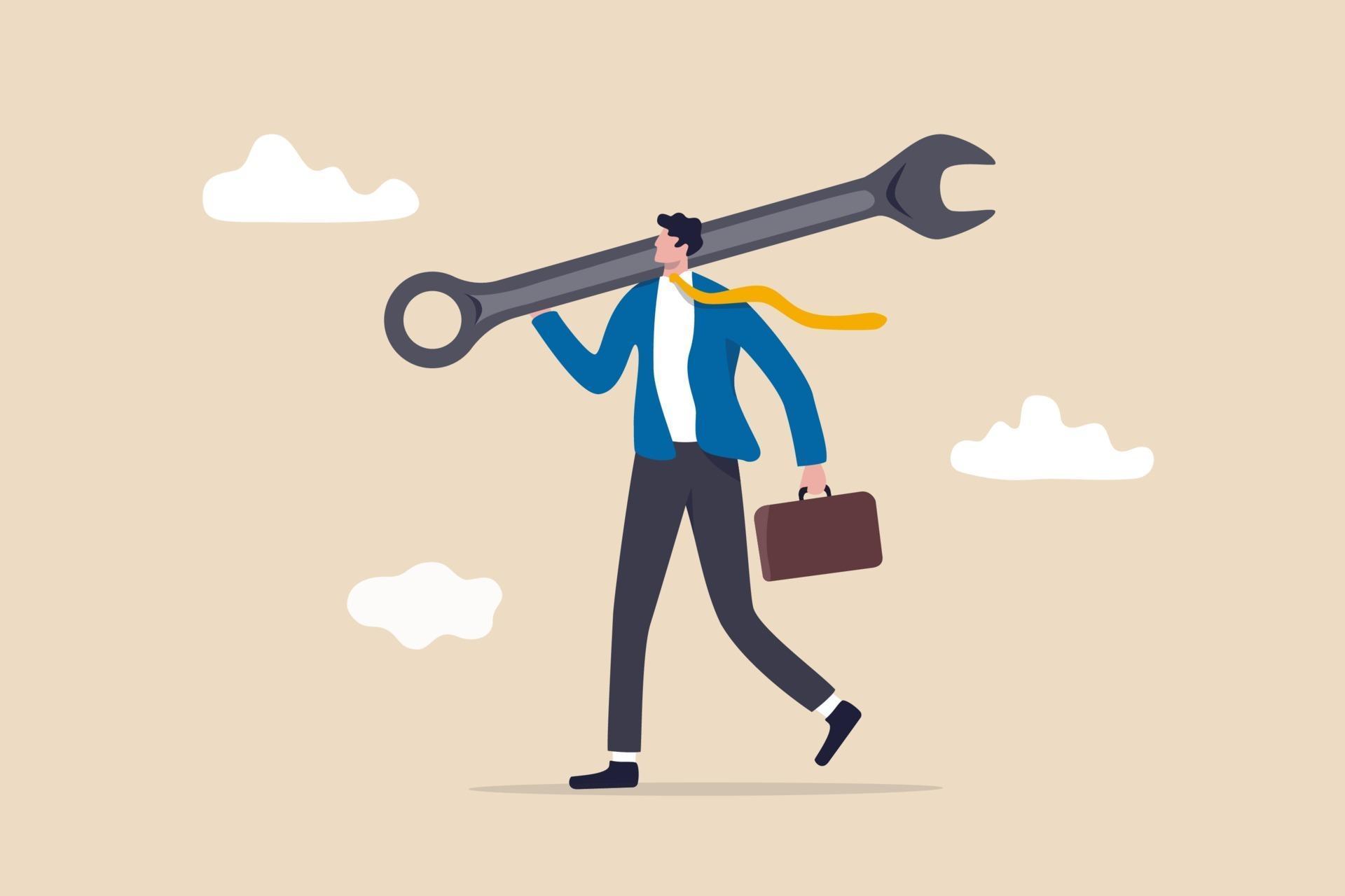 businessman carrying big wrench metaphor of fixing problem 2118347