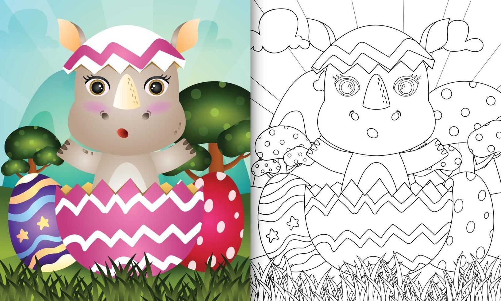 libro para colorear para niños con temática feliz día de pascua con ilustración de personaje de un lindo rinoceronte en el huevo vector