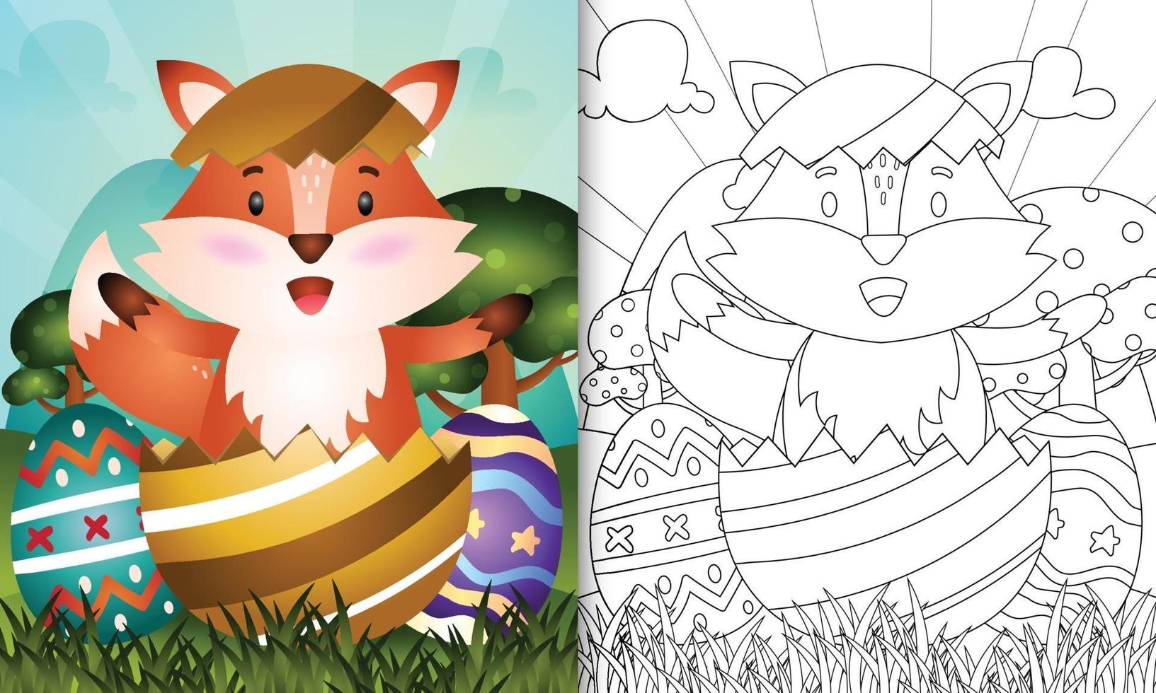 coloring book for kids themed happy easter day with character illustration of a cute fox in the egg vector