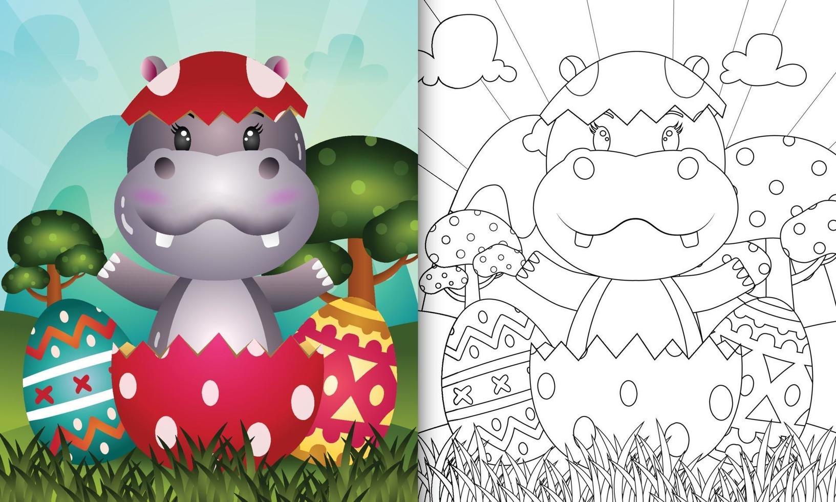 coloring book for kids themed happy easter day with character illustration of a cute hippo in the egg vector