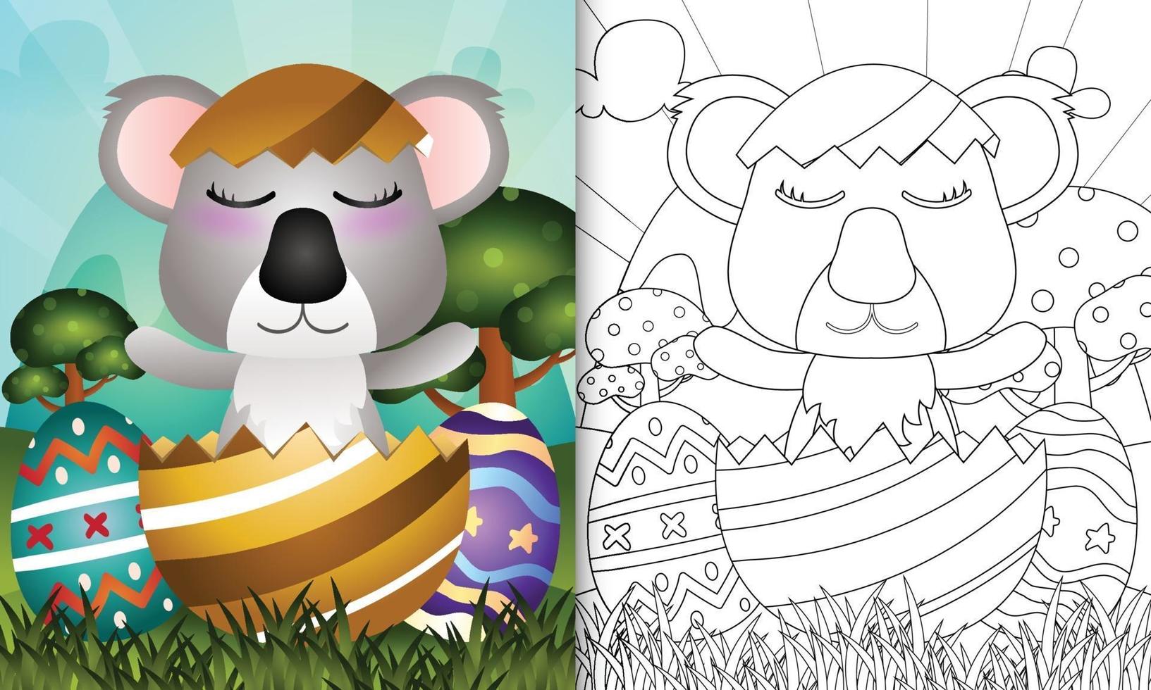 libro para colorear para niños con tema feliz día de pascua con ilustración de personaje de un lindo koala en el huevo vector