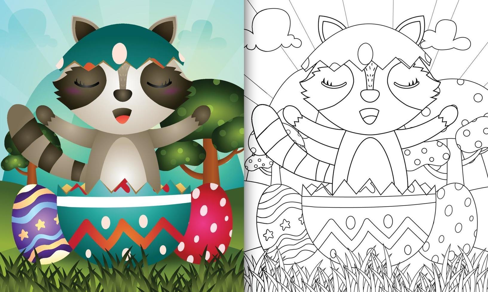 libro para colorear para niños con temática feliz día de pascua con ilustración de personaje de un lindo mapache en el huevo vector