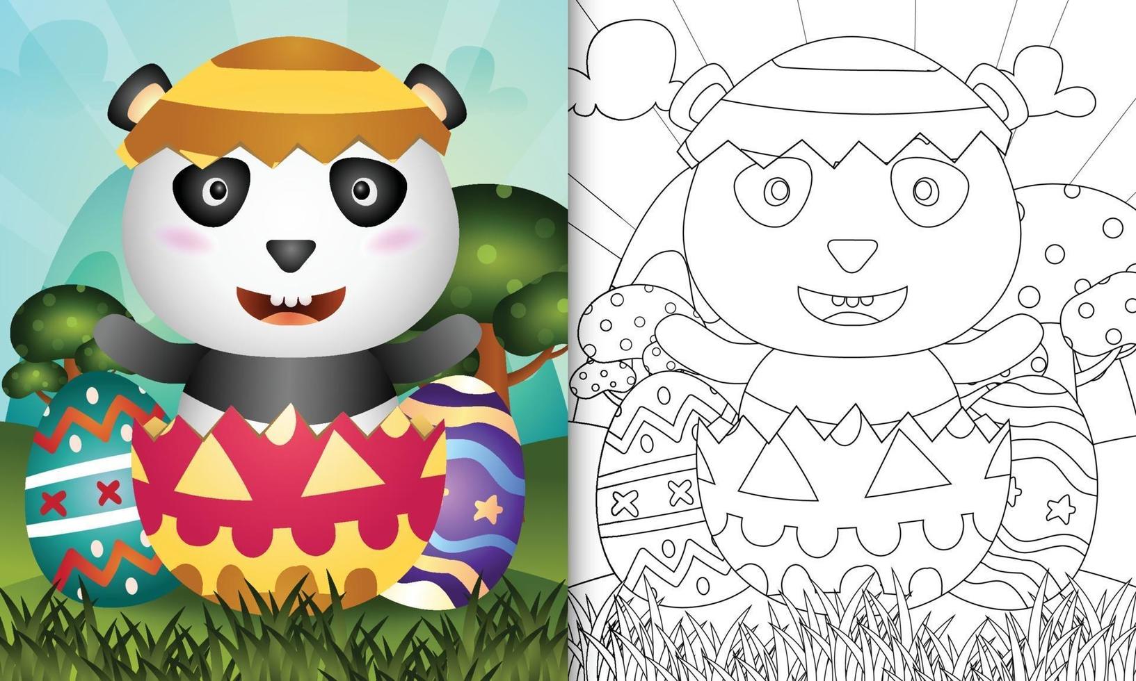 coloring book for kids themed happy easter day with character illustration of a cute panda in the egg vector