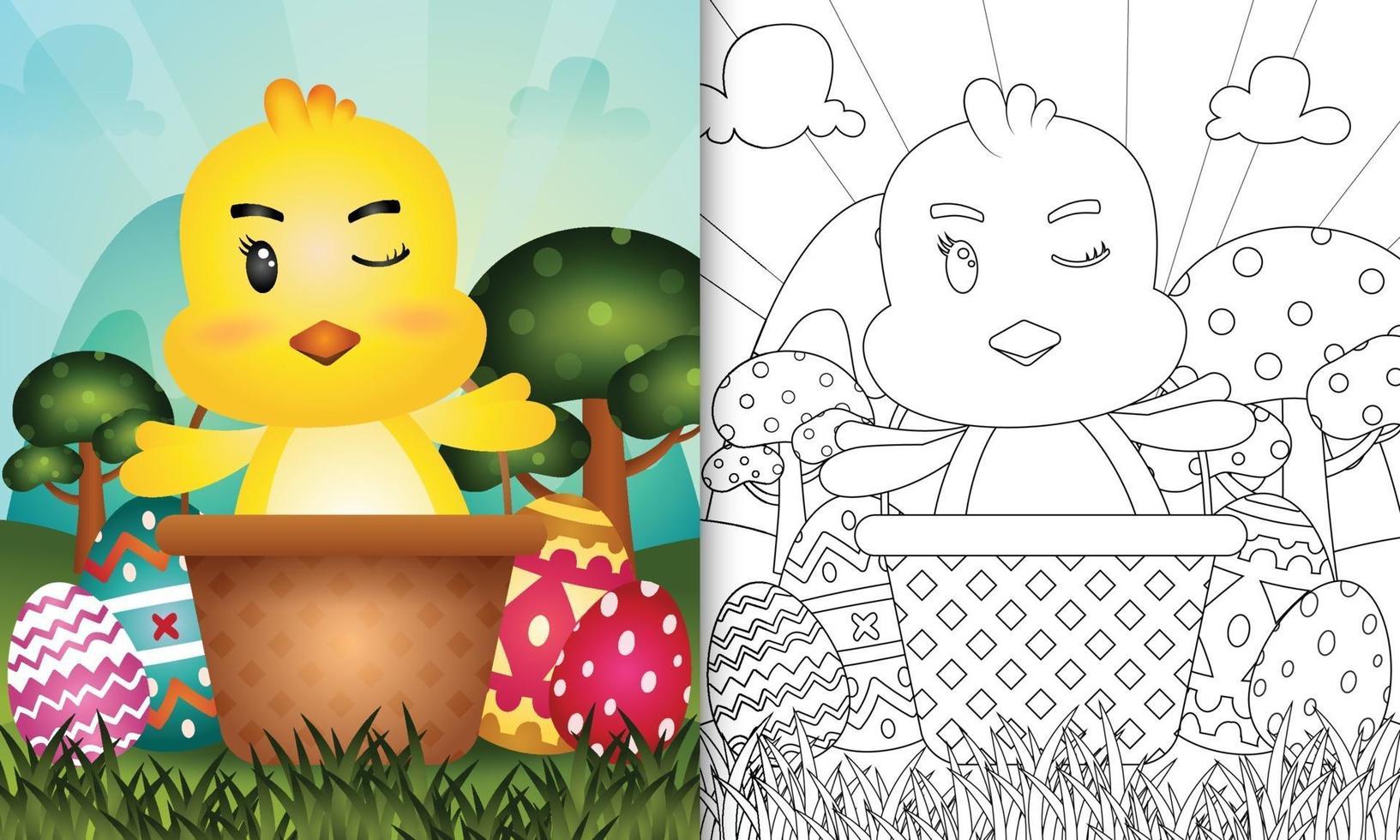 coloring book for kids themed happy easter day with character illustration of a cute chick in the bucket egg vector