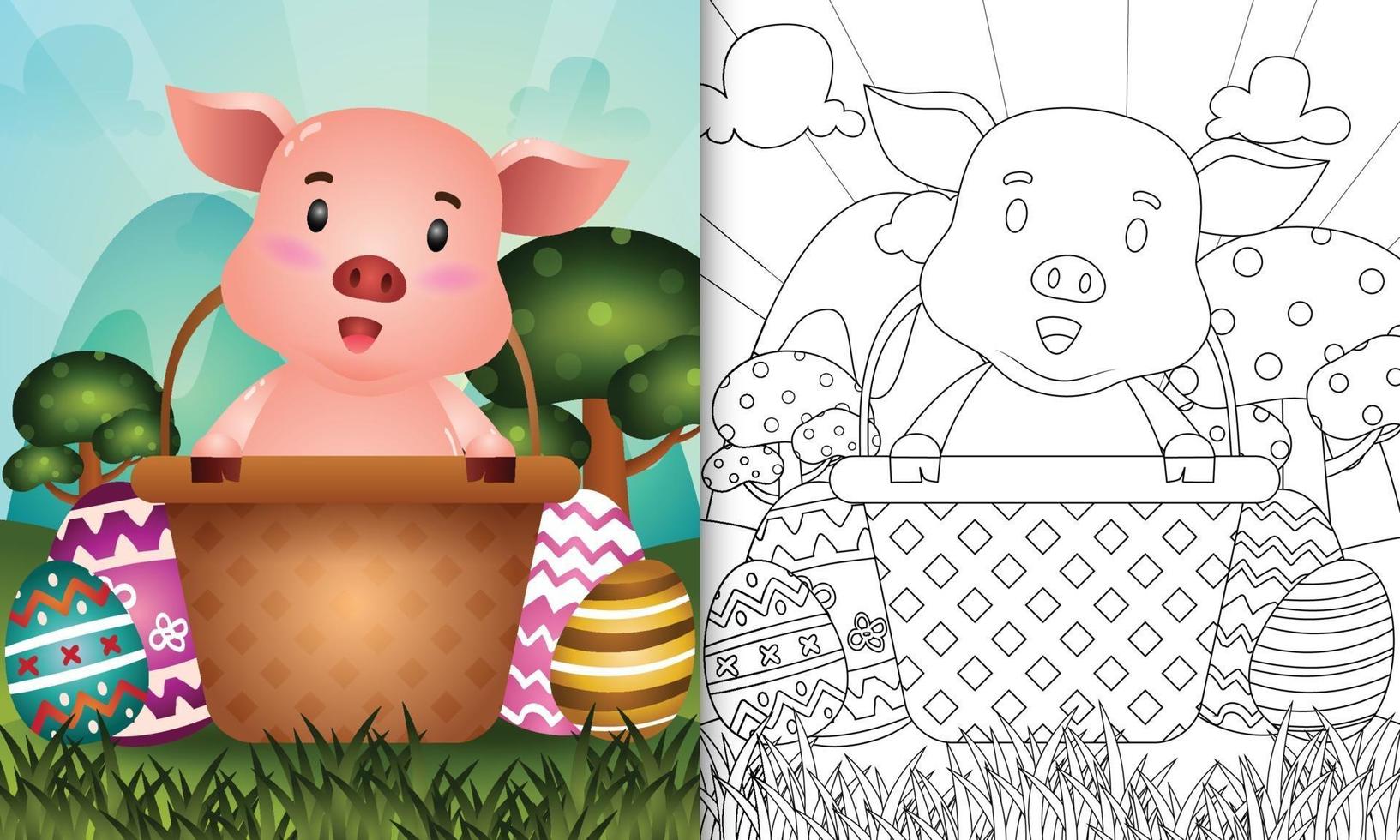 Libro para colorear para niños con temática feliz día de pascua con ilustración de personaje de un lindo cerdo en el huevo de cubo vector