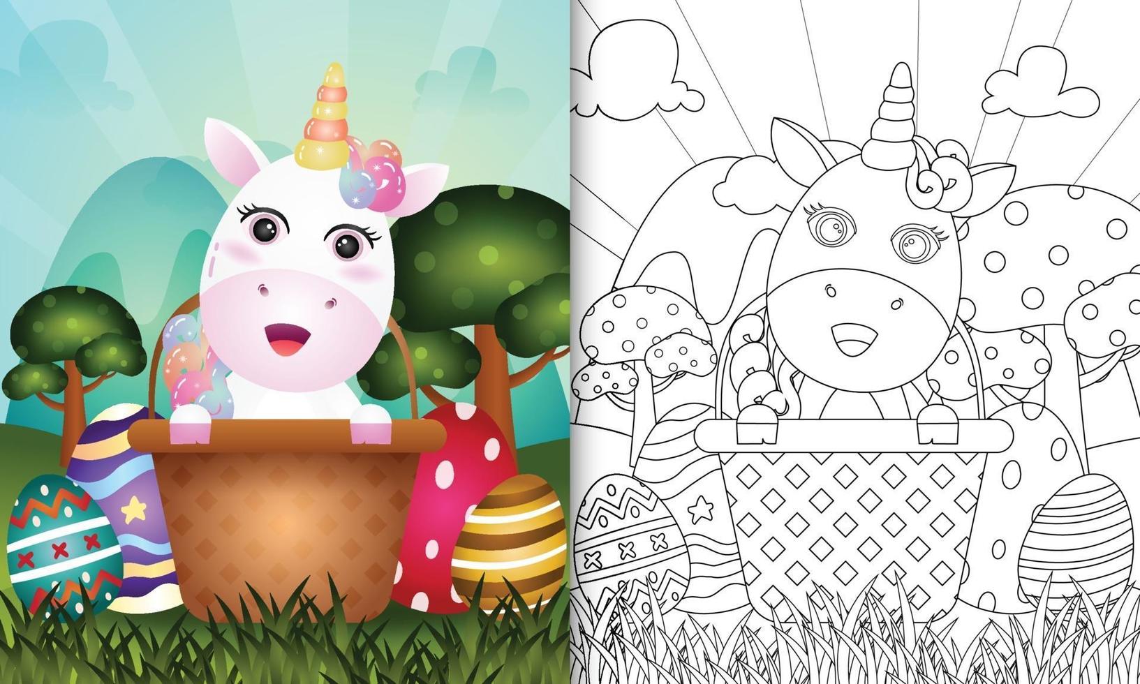 libro para colorear para niños con temática feliz día de pascua con ilustración de personaje de un lindo unicornio en el huevo de cubo vector